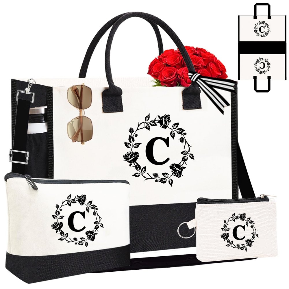 Adoryoung Monogram Personalized Initial Canvas Tote Bags for Women, Double-sided Embroidery Monogrammed Tote Bag Gifts (C)