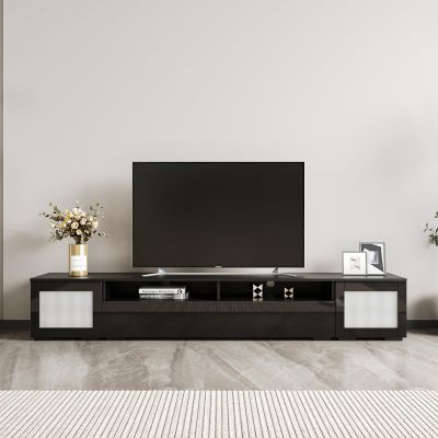 Rattan Style TV Stand, Entertainment Center with Push to Open Doors, 82.6" TV Console Table for TVs Up to 90", Modern TV Cabinet with Color Changing LED Lights for Home Theatre, Living Room, Black