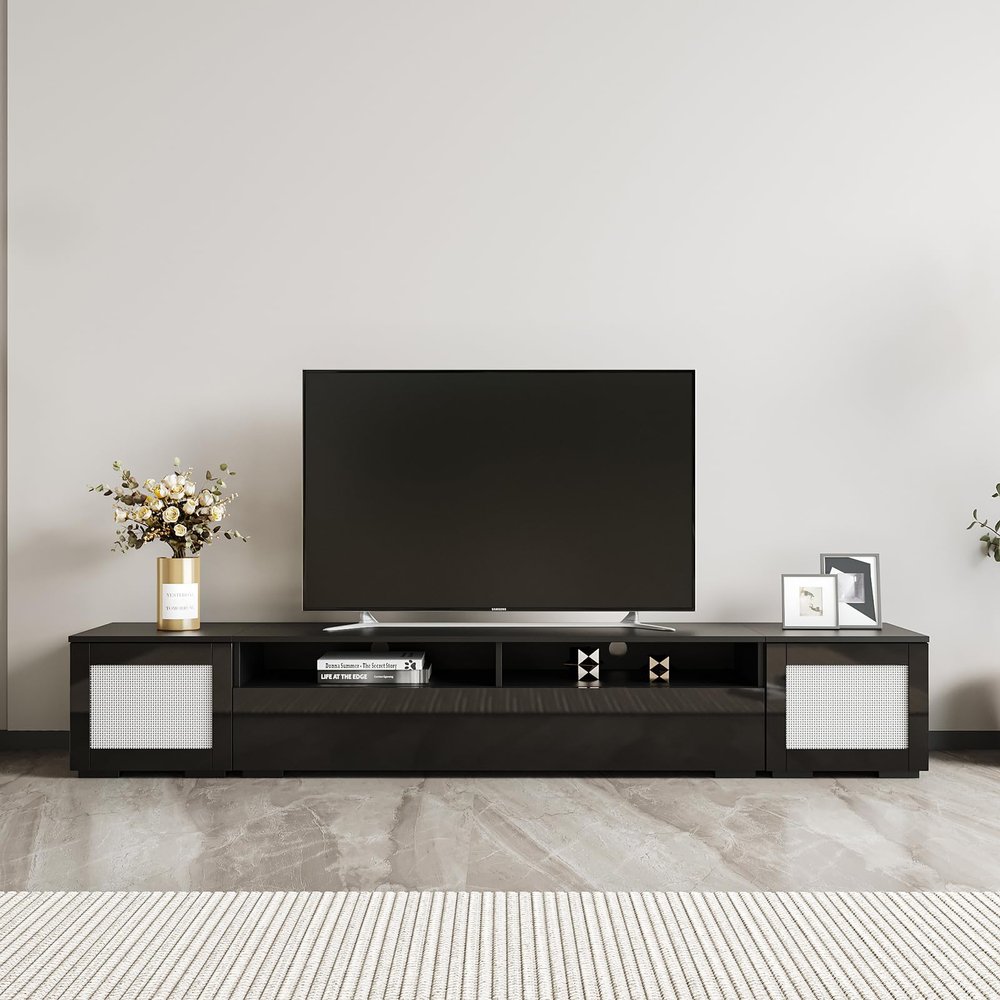 Rattan Style TV Stand, Entertainment Center with Push to Open Doors, 82.6" TV Console Table for TVs Up to 90", Modern TV Cabinet with Color Changing LED Lights for Home Theatre, Living Room, Black