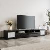 Rattan Style TV Stand, Entertainment Center with Push to Open Doors, 82.6" TV Console Table for TVs Up to 90", Modern TV Cabinet with Color Changing LED Lights for Home Theatre, Living Room, Black view 2