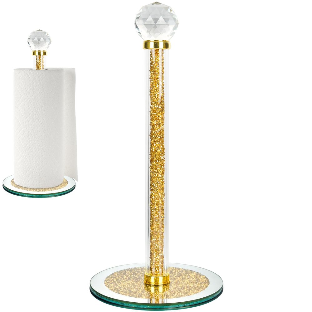 Paper Towel Holder Stand,Gold Countertop Paper Towel Roll Dispenser Holders with Round Base, Tissue Countert Filled with Crystal Sparkly Crushed Diamonds House Decor for Kitchen BathroomHeavy Weight