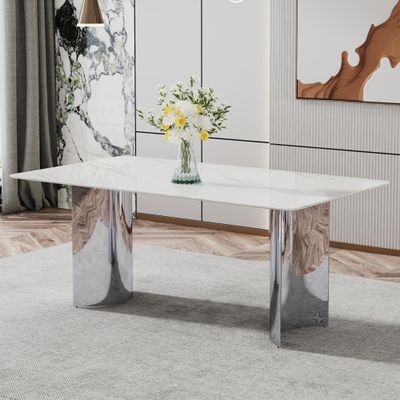63inch Marble Dining Table for 6-8, Faux Marble Kitchen Table with 0.39" Tempered Glass Tabletop+Silver Stainless Steel Base, Modern Contemporary Rectangular Dining Room Table for Home Office