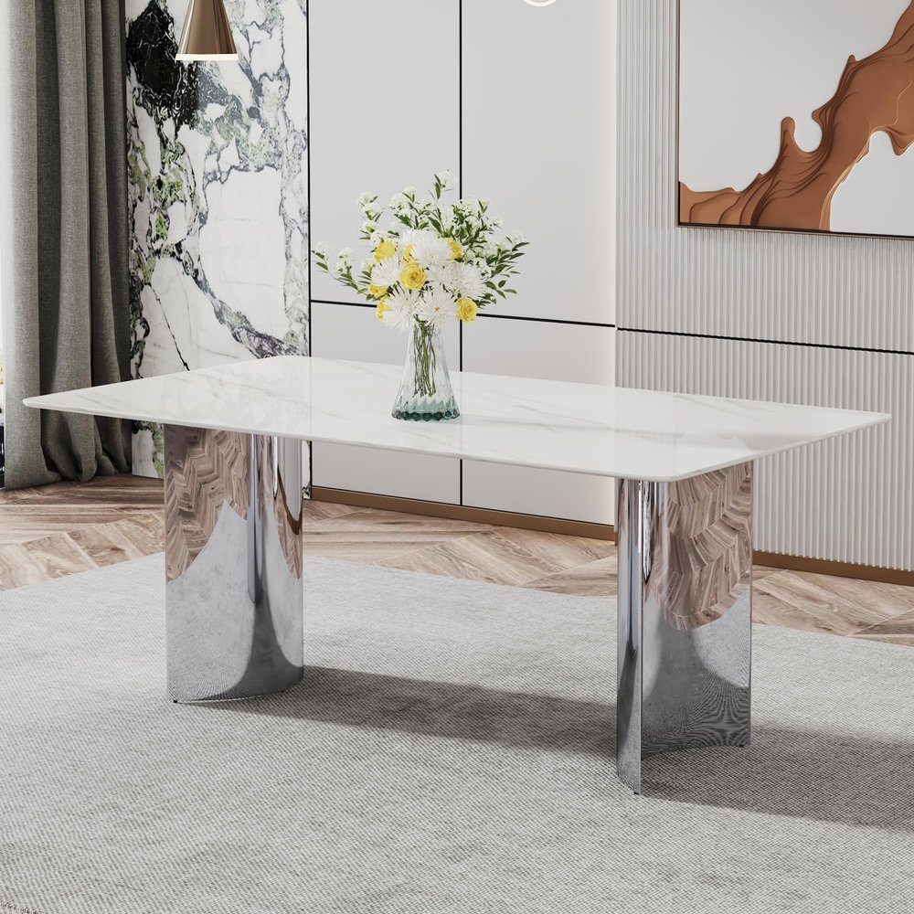 63inch Marble Dining Table for 6-8, Faux Marble Kitchen Table with 0.39" Tempered Glass Tabletop+Silver Stainless Steel Base, Modern Contemporary Rectangular Dining Room Table for Home Office