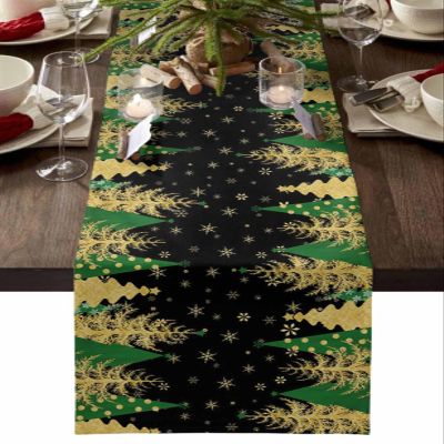 Christmas Black Table Runner-Cotton Linen- 72 Inch Holiday Dresser Scarves, Xmas Tree Geometric Green Gold Tablerunner for Kitchen Coffee/Dining Bedroom Home Living Room Dinner Scarf Dcor 16x72