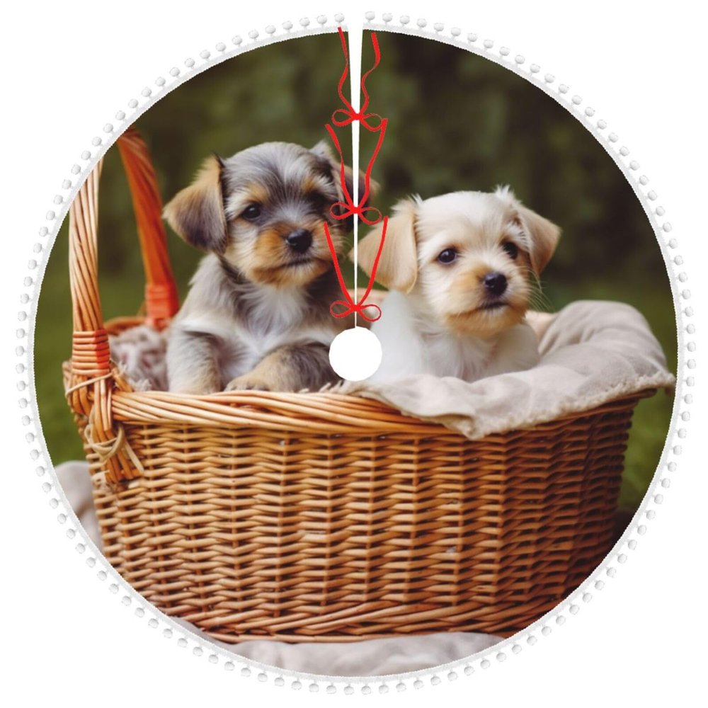 Two Dogs in a Basket Christmas Tree Skirt with Pom Pom Trim Xmas Tree Skirt for Holiday Party Soft Christmas Decorations Christmas Tree Mat Base Cover for New Yea Decoration