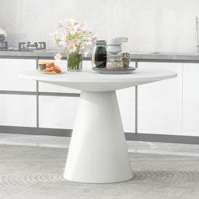 WILLIAMSPACE 46.5" Round Wood Dining Table for 4 to 6, Modern Kitchen Table with Wooden Pedestal Base, Mid Century Circular Tabletop for Leisure Coffee Table Furniture, 46.5"x30.25" (White)