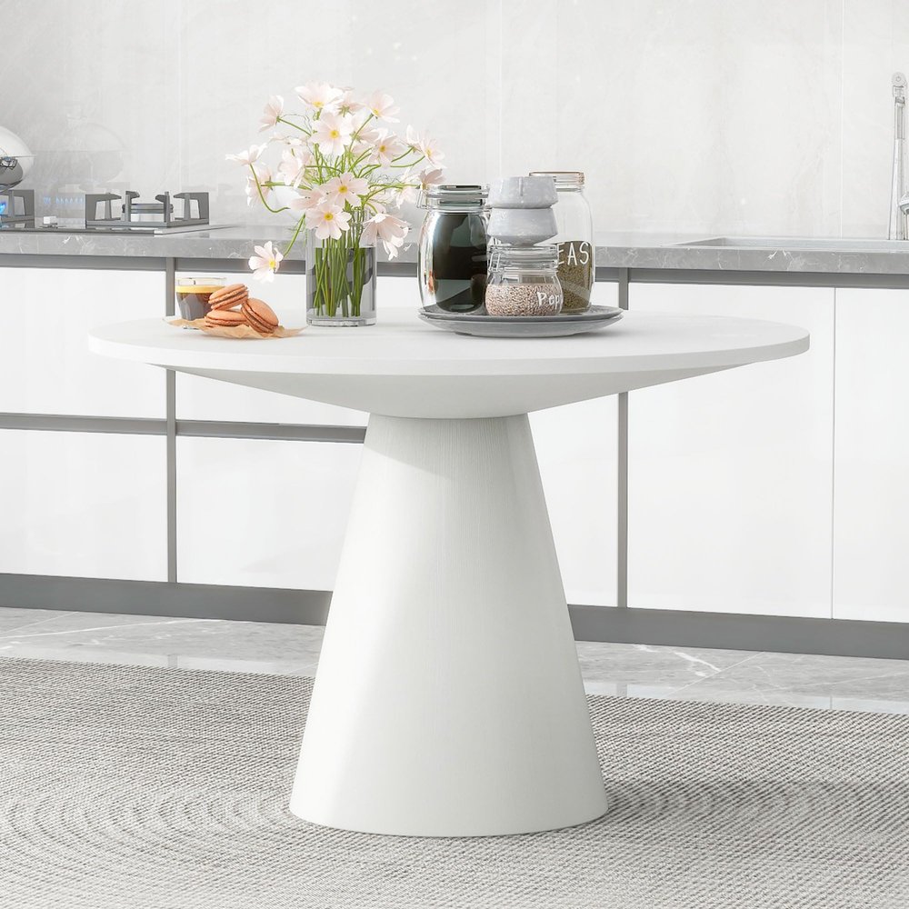 WILLIAMSPACE 46.5" Round Wood Dining Table for 4 to 6, Modern Kitchen Table with Wooden Pedestal Base, Mid Century Circular Tabletop for Leisure Coffee Table Furniture, 46.5"x30.25" (White)