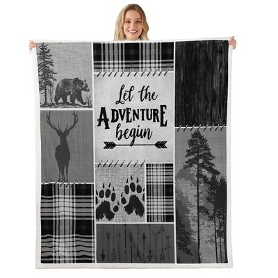 Deer Bear Kids Throw Blanket,Pine Trees Rustic Farmhouse Adventure Bed Blanket for Boys Girls Adults,Arrows Geometric Plaids Fleece Blanket,Black Retro Fuzzy Blanket,40 x 50 Inches