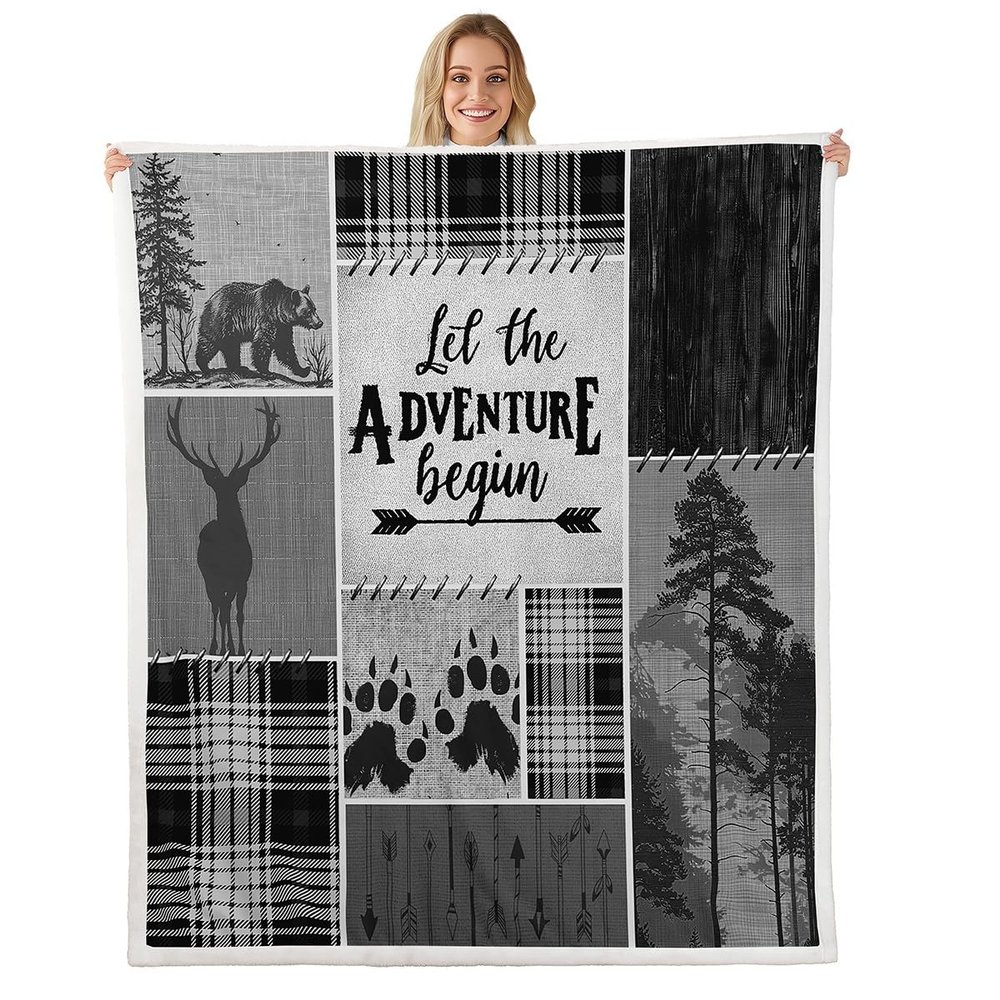 Deer Bear Kids Throw Blanket,Pine Trees Rustic Farmhouse Adventure Bed Blanket for Boys Girls Adults,Arrows Geometric Plaids Fleece Blanket,Black Retro Fuzzy Blanket,40 x 50 Inches