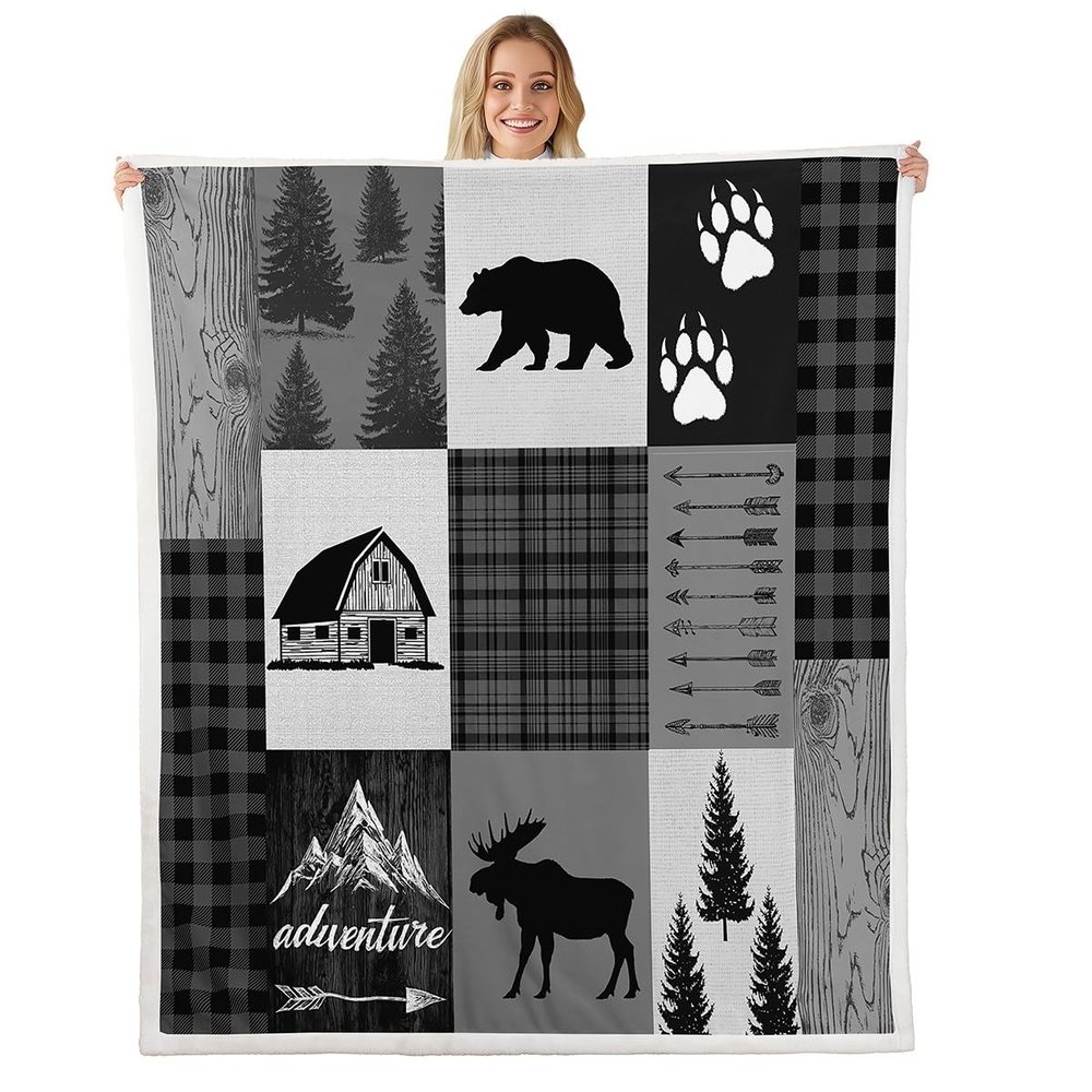 Deer Bear Kids Throw Blanket,Rustic Farmhouse Adventure Cabin Bed Blanket for Boys Girls Adults,Plaids Boho Arrows Geometric Fleece Blanket,Black Retro Fuzzy Blanket,Queen Size (90 x 90 Inches)