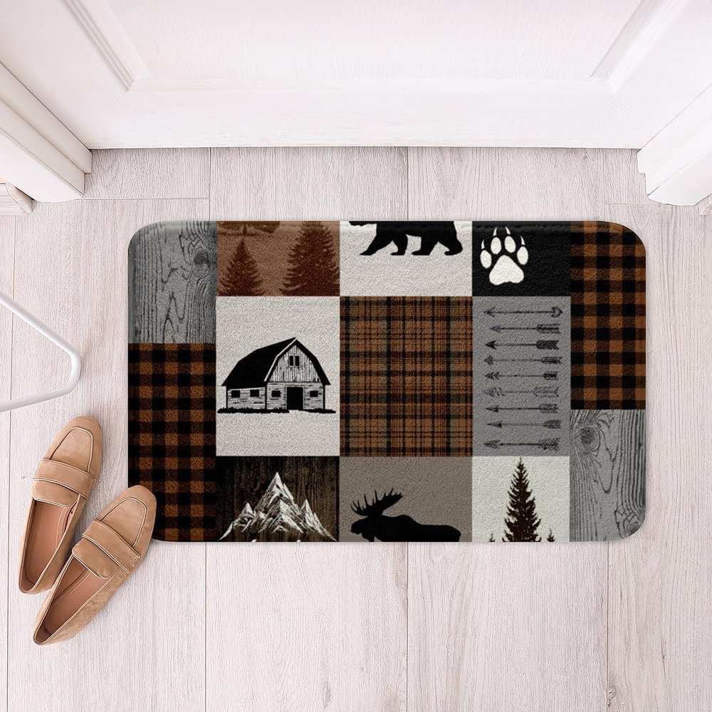 Deer Bear Kids Bath Mats,Boho Arrows Geometric Plaids Patch Mats Rugs,Boys Girls Adults Room Decor,Adventure Rustic Farmhouse Bath Carpets,Brown Retro Bath Rugs,Absorbent Floor Mats,16Wx24L Inches
