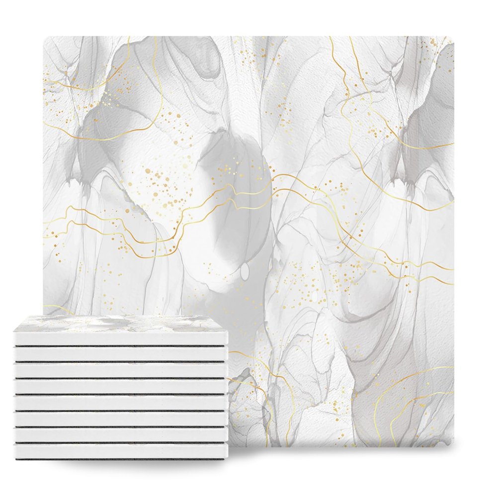 Coasters Set of 8 Ceramic Stone Coasters for Drinks Funny Coasters - Absorbent Non Slip Square Coasters for Dining Bar Kitchen Cafe(Marble Gradient Gilt Texture Grey,4" Dia)