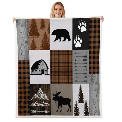 Deer Bear Kids Throw Blanket,Boho Arrows Geometric Plaids Patch Bed Blanket for Boys Girls Adults,Adventure Rustic Farmhouse Fleece Blanket,Brown Retro Fuzzy Blanket,Twin Size (60 x 80 Inches)
