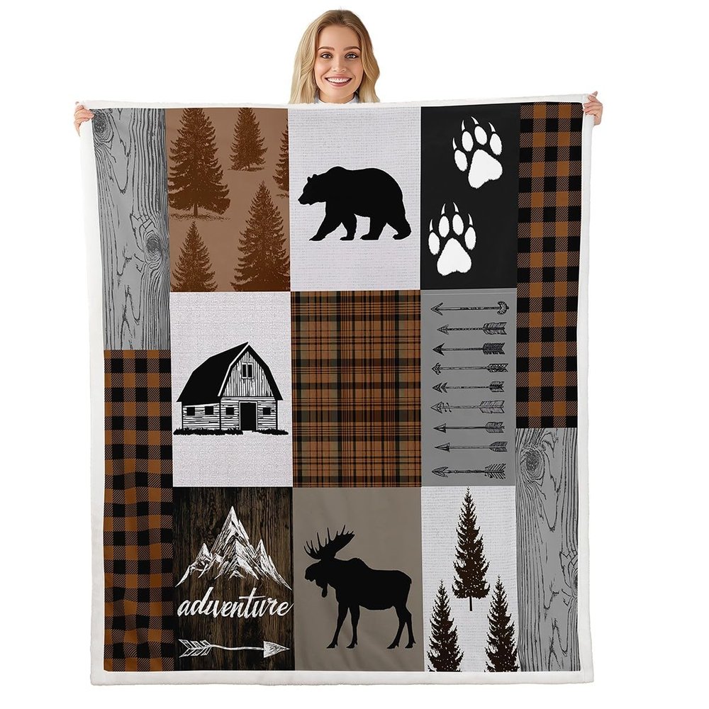 Deer Bear Kids Throw Blanket,Boho Arrows Geometric Plaids Patch Bed Blanket for Boys Girls Adults,Adventure Rustic Farmhouse Fleece Blanket,Brown Retro Fuzzy Blanket,Twin Size (60 x 80 Inches)