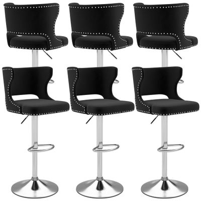 ABET Bar Stools Set of 6, Velvet Swivel Island Chairs, Adjustable Silver Barstools with Hollow Back and Footrest, Upholstered Counter Height Stool Chairs for Kitchen Island Dining Room Home, Black