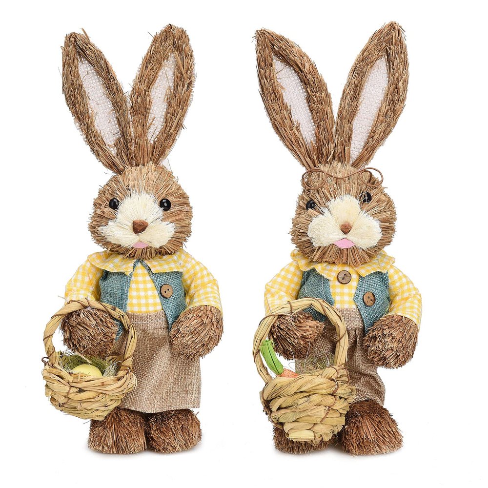 belupai 2pcs Easter Standing Bunny Statues,14.4in Hand Woven Cute Bunny Figurines Sculptures Holding Small Basket with Carrot and Egg,Desktop Straw Bunny Ornaments for Home Garden Wedding Decor(#1)