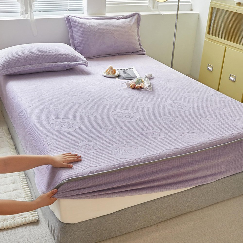 FCLDESHOP Deep Pocket Mattress Pad Cover,Deep Fitted Single Sheet,Solid Color Milk Fleece Fitted Sheet Cover Mattress Protector, Warm Skin-Friendly Deep Pocket Mattress Topper,Purple,180 * 200cm