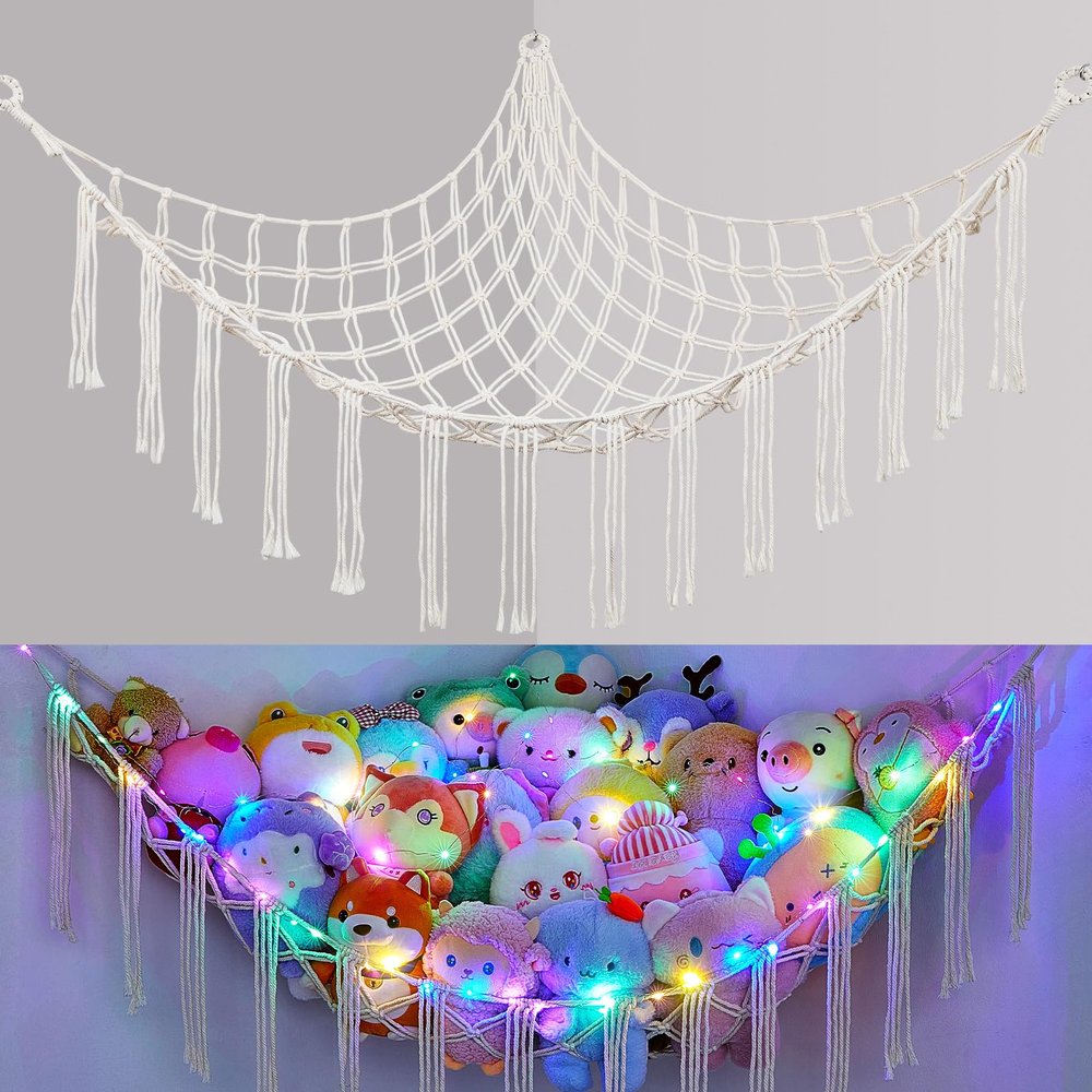 Basumee Stuffed Animals Net or Hammock with LED Light, Hanging Stuffed Animals Storage Toy Hammock Net Corner Wall Girls Room Decor Toy Storage Organizer, White, L
