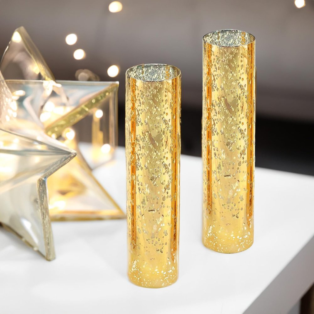 WGVI Hurricane Candle Holder Sleeve, W: 2.5", Ht: 10", Gold Speckled Glass Cylinder Open Both Ends, Chimney Tube Shade, 12 Piece