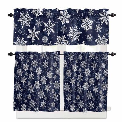 Vandarllin Christmas Kitchen Curtains and Valances Set, White Navy Snowflakes Pattern Windows Treatments Tiers Half/Short Curtains for Small Windows Cafe/Living Room/Bedroom 54x36 in Winter
