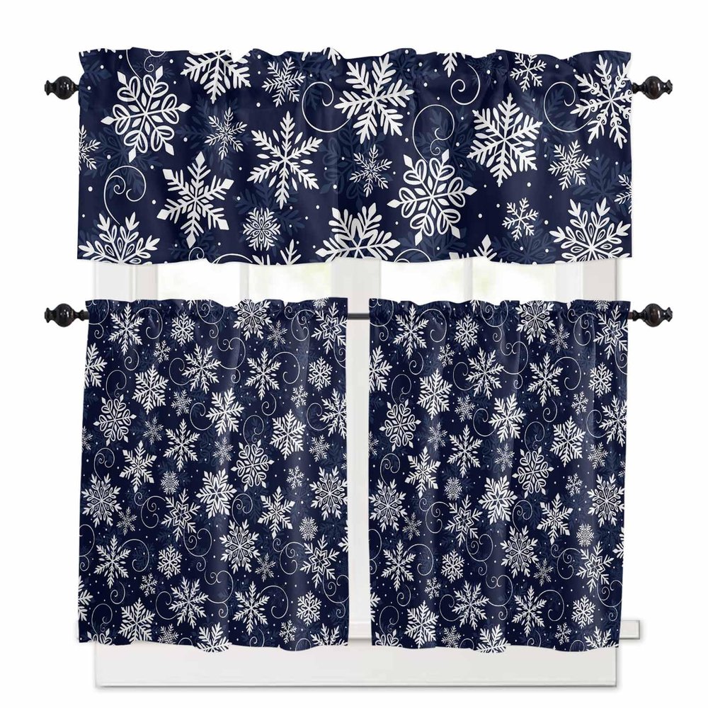 Vandarllin Christmas Kitchen Curtains and Valances Set, White Navy Snowflakes Pattern Windows Treatments Tiers Half/Short Curtains for Small Windows Cafe/Living Room/Bedroom 54x36 in Winter