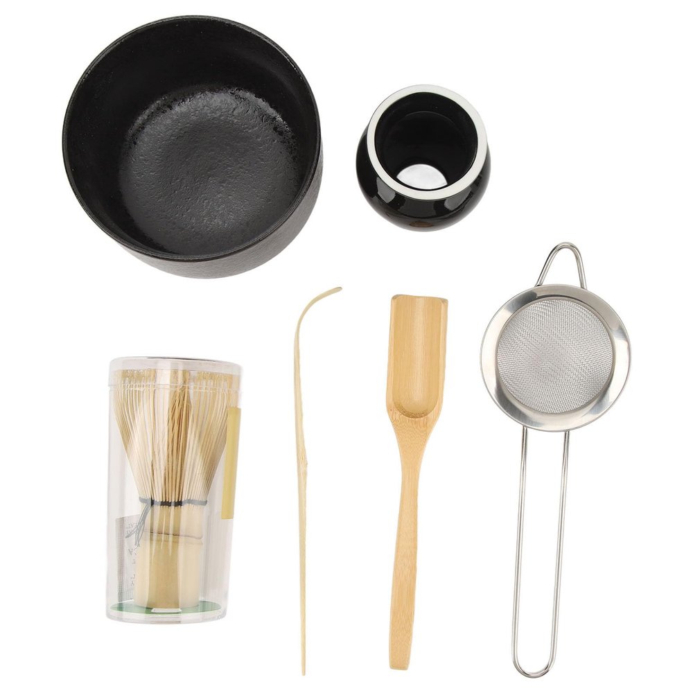6 Pcs Matcha Tea Set, Japanese Matcha with Whisk and Holder, Bowl, Sifter, and Scoop, Tea Making Tools, Delicate Handmade Matcha Ceremony Kit for Japanese Tea Ceremony (Black)