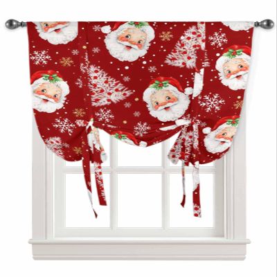 AMZRicher Christmas Santa Tie Up Curtains for Window, Thermal Insulted Balloon Shade Adjustable Rod Pocket Curtains Valance Panels for Kitchen Bathroom Caf 52 x 63 Red Xmas Tree Gold Snowflake