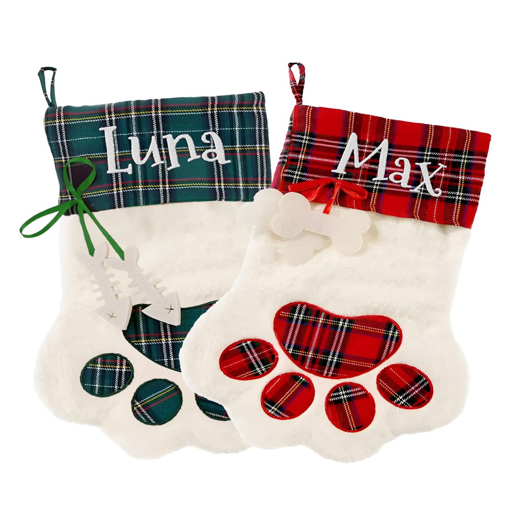 Printualist Personalized Knit Dog Bone Christmas Stockings with Custom Pet Name - Embroidered Name Knitted Large - Farmhouse Fireplace for Family Decorations