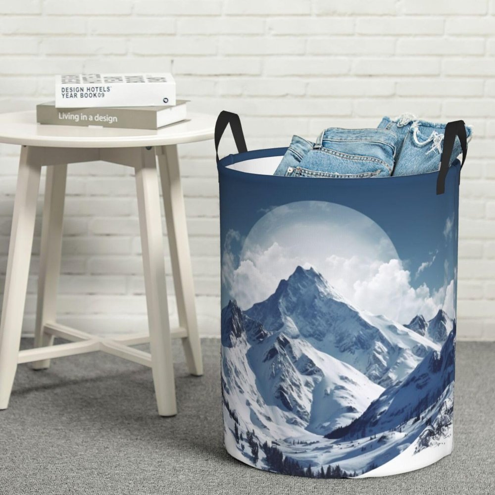 Round Laundry Basket with Handles Personalized Laundry Hamper for Bedroom Snow Mountain Circular Laundry Lightweight Waterproof Storage Basket Dirty Clothes Hamper for Bathroom Dorm