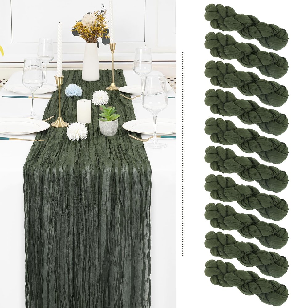 10 Pack Cheesecloth Table Runner - Deep Green Gauze, 10FT Long Semi-Sheer for Boho or Rustic Wedding Decor, Arch Draping, Bridal Shower, Holiday Party