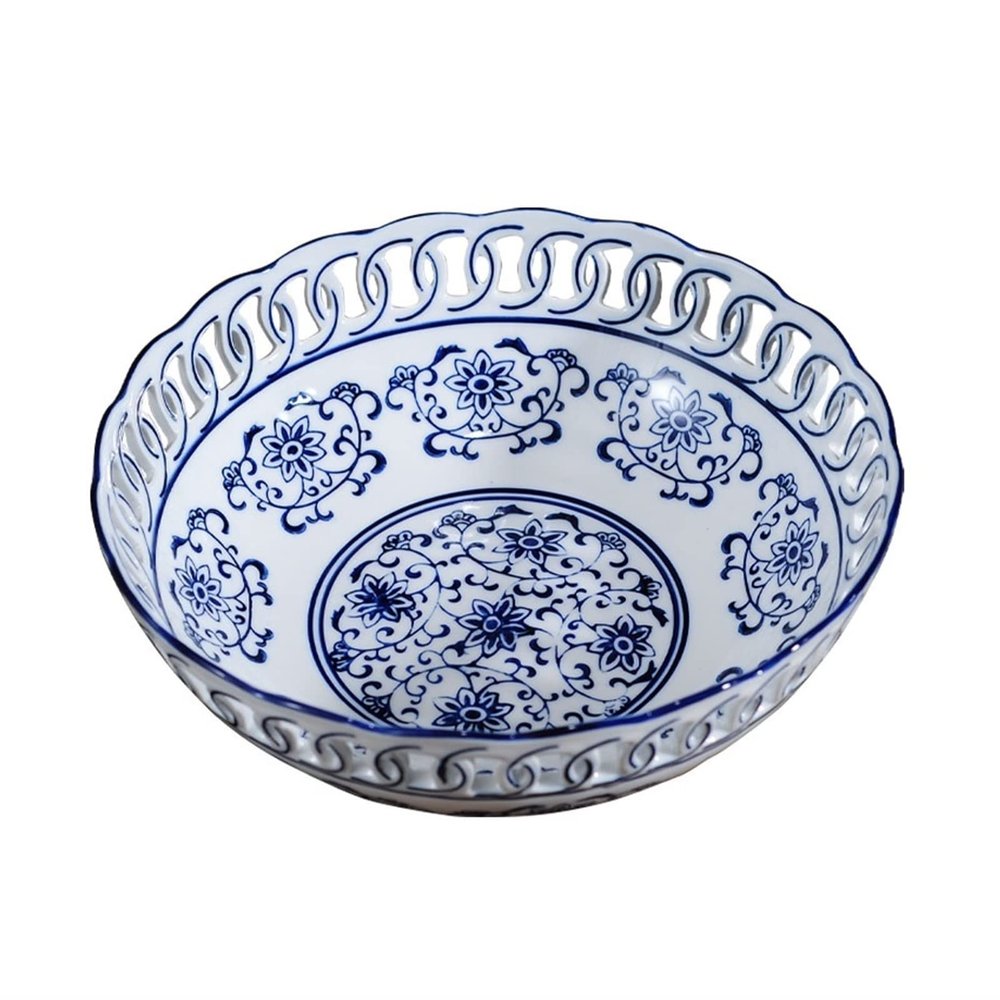 Fruit And Produce Storage Basket Fruit Bowl Chinese Retro Hollow Ceramic Fruit Plate Home Living Room Round Porcelain Decorative Candy Bowl Suitable For Kitchen Counters
