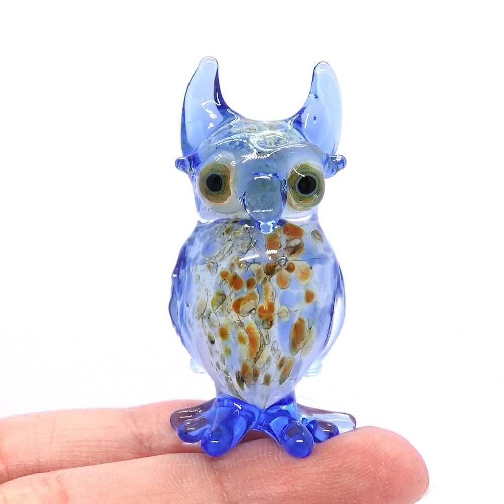 Sansukjai Owl Tiny Hand Blown Color Glass Art Figurines Animals Collectible Gift Home Dcor (Marble Blue)