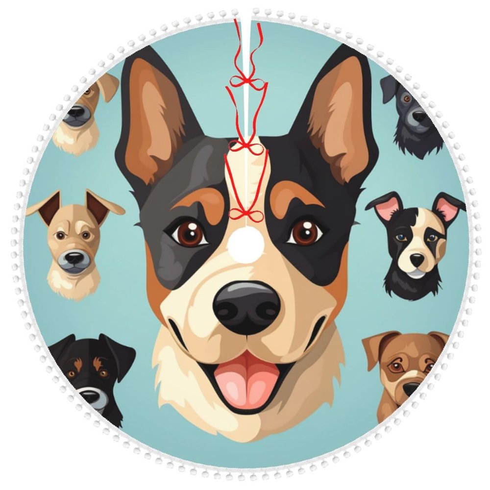 Dog Icon Christmas Tree Skirt with Pom Pom Trim Xmas Tree Skirt for Holiday Party Soft Christmas Decorations Christmas Tree Mat Base Cover for New Yea Decoration