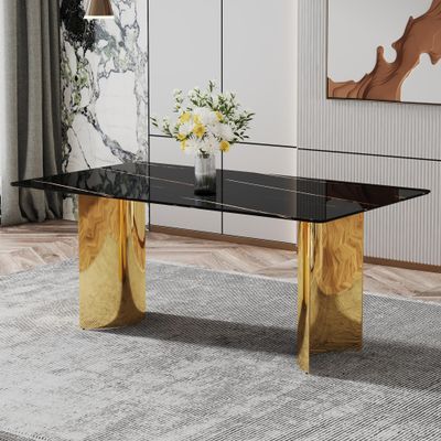 71inch Large Marble Dining Table, Faux Marble Kitchen Table for 6-8, Modern Rectangular Dining Room Table with 0.39" Tempered Glass Top & Gold Stainless Steel Base, Home Dining Room Furniture