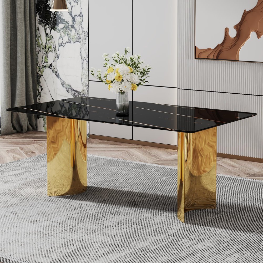 71inch Large Marble Dining Table, Faux Marble Kitchen Table for 6-8, Modern Rectangular Dining Room Table with 0.39" Tempered Glass Top & Gold Stainless Steel Base, Home Dining Room Furniture