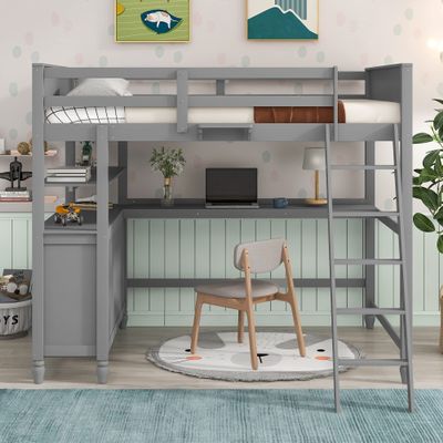 Brabrety Full Size Loft Bed with Drawers and Desk,Wooden LoftBed with Shelves,Space Saving, Ideal for Teen bedrooms (Grey@E)