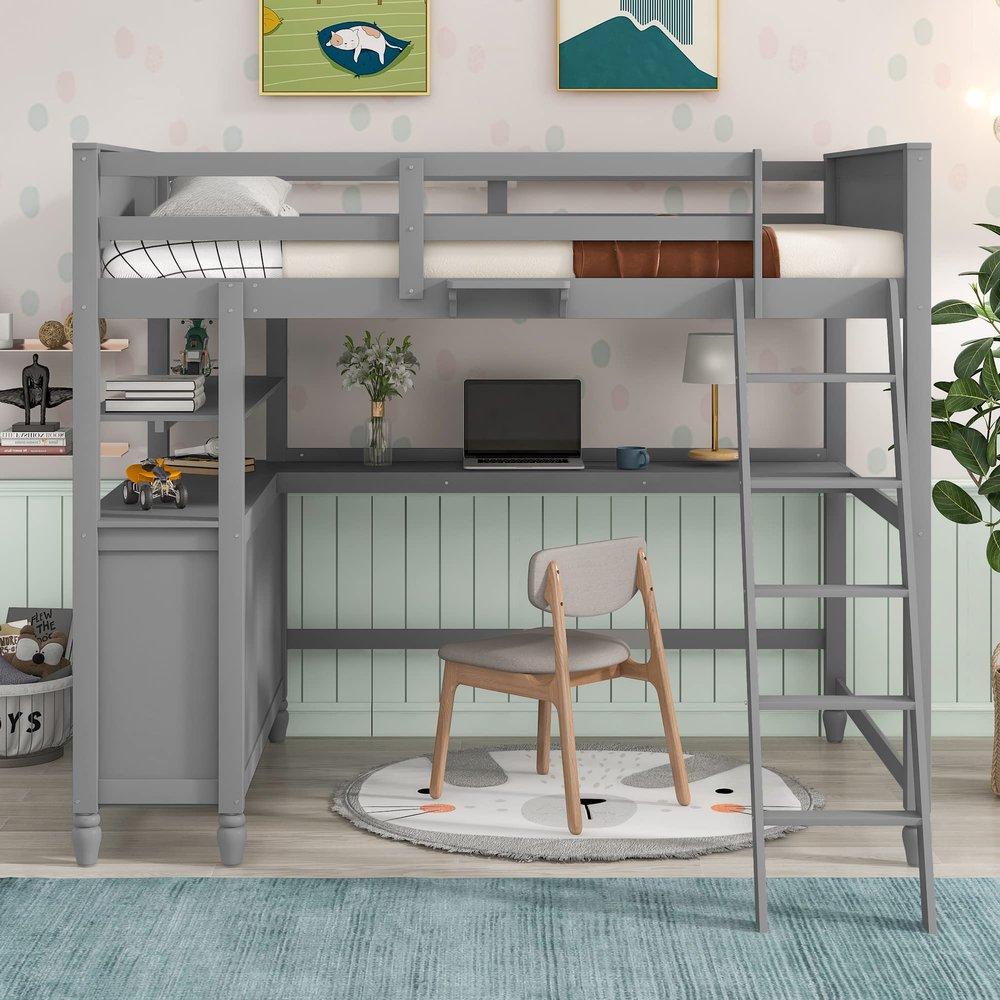 Brabrety Full Size Loft Bed with Drawers and Desk,Wooden LoftBed with Shelves,Space Saving, Ideal for Teen bedrooms (Grey@E)