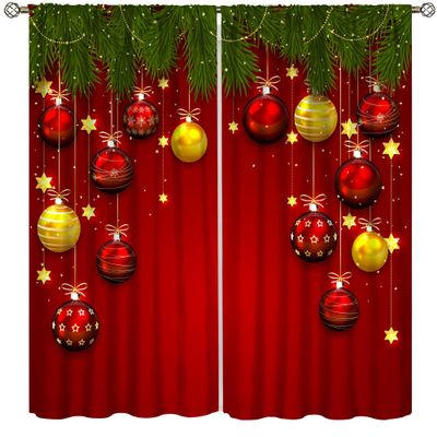 Christmas Curtains,Winter Christmas Themed Fir Tree Branches and Colorful Ball Pattern Print Curtains Home Bedroom Living Room Kitchen Decoration,Red 42x54 Inch
