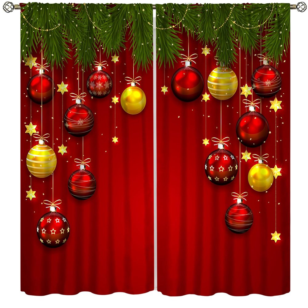 Christmas Curtains,Winter Christmas Themed Fir Tree Branches and Colorful Ball Pattern Print Curtains Home Bedroom Living Room Kitchen Decoration,Red 42x54 Inch