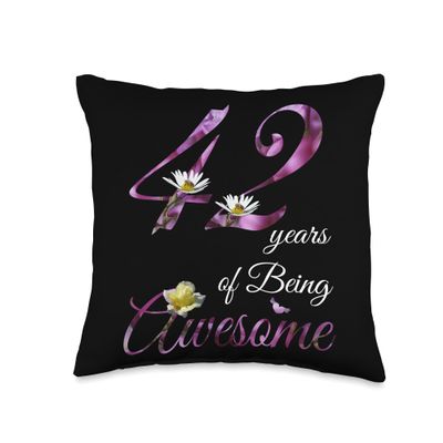 42nd Birthday 1981 Vintage Gifts Tee by Alice Ron 42 Year Old Shirt Awesome Floral 1981 42nd Birthday Gift Throw Pillow, 16x16, Multicolor