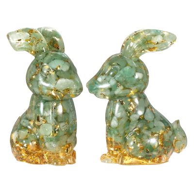 TUMBEELLUWA Pack of 2 Rabbit Crystal Figurine Resin Easter Bunny Statue Healing Spiritual Gift Animal Ornament for Home Office Decoration, Green Aventurine