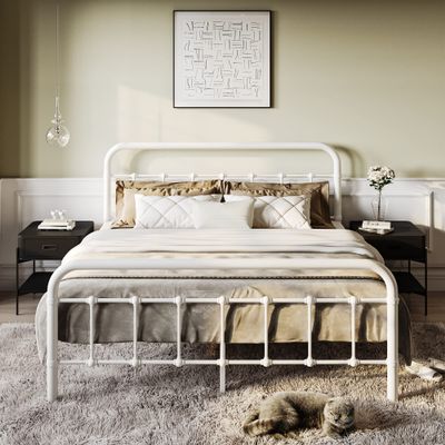 SHA CERLIN Full Size Bed Frame Metal Platform Bed with Vintage Style Headboard and Footboard, Heavy Duty Mattress Foundation, No Box Spring Needed, Easy Assembly, White