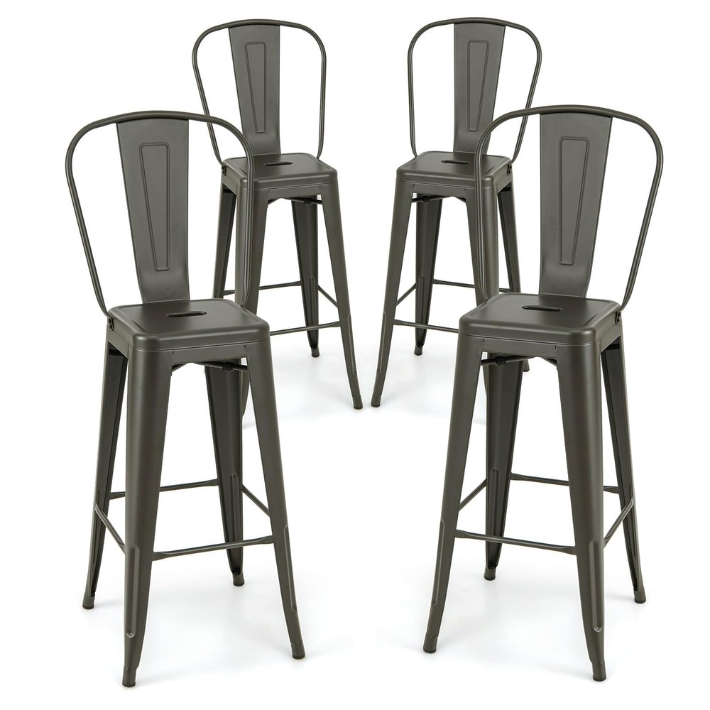 Giantex Metal Bar Stools Set of 4, 30" Bar Height Modern Industrial Barstools w/Removable Bucket Back & Footrest, High Back Bar Dining Chairs with Rubber Foot Pads for Kitchen Home Bar, Charcoal Grey