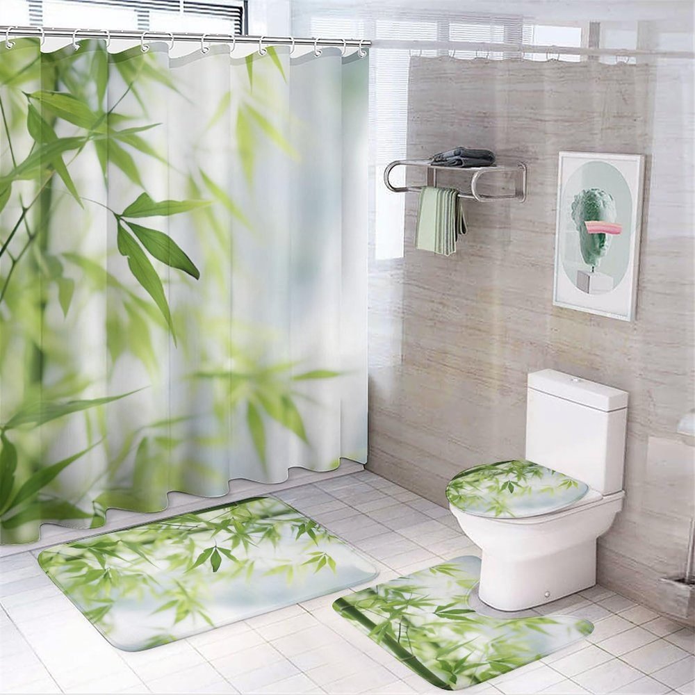 4Pcs Rustic Tree Bamboo Shower Curtain Sets with Non-Slip Rugs, Toilet Lid Cover and Bath Mat, Modern Sunshine Beautiful Natural Plant Bathroom Decor Set Waterproof Shower Curtains with 12 Hooks