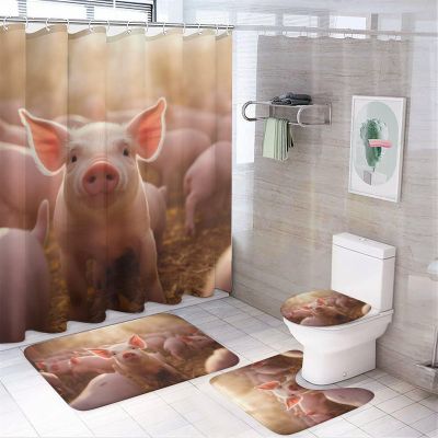 4Pcs Sunshine Piggy Shower Curtain Sets for Bathroom,Farmhouse Pig Cute Funny Animals Shower Curtain,Non-Slip Bathroom Rugs,Lid Toilet Cover,Bath Mat,Bathroom Decor Set Accessories