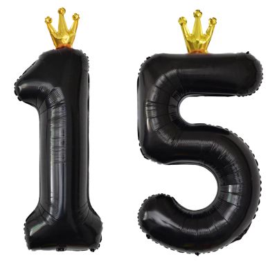 YFHVJTKO 40 Inch Number 15 Black Crown Balloon Set,15th Celebration Decorations for Happy 15th Birthday Party Wedding Bridal Shower Engagement Photo Shoot Anniversary Decoration, Black 15 Balloon