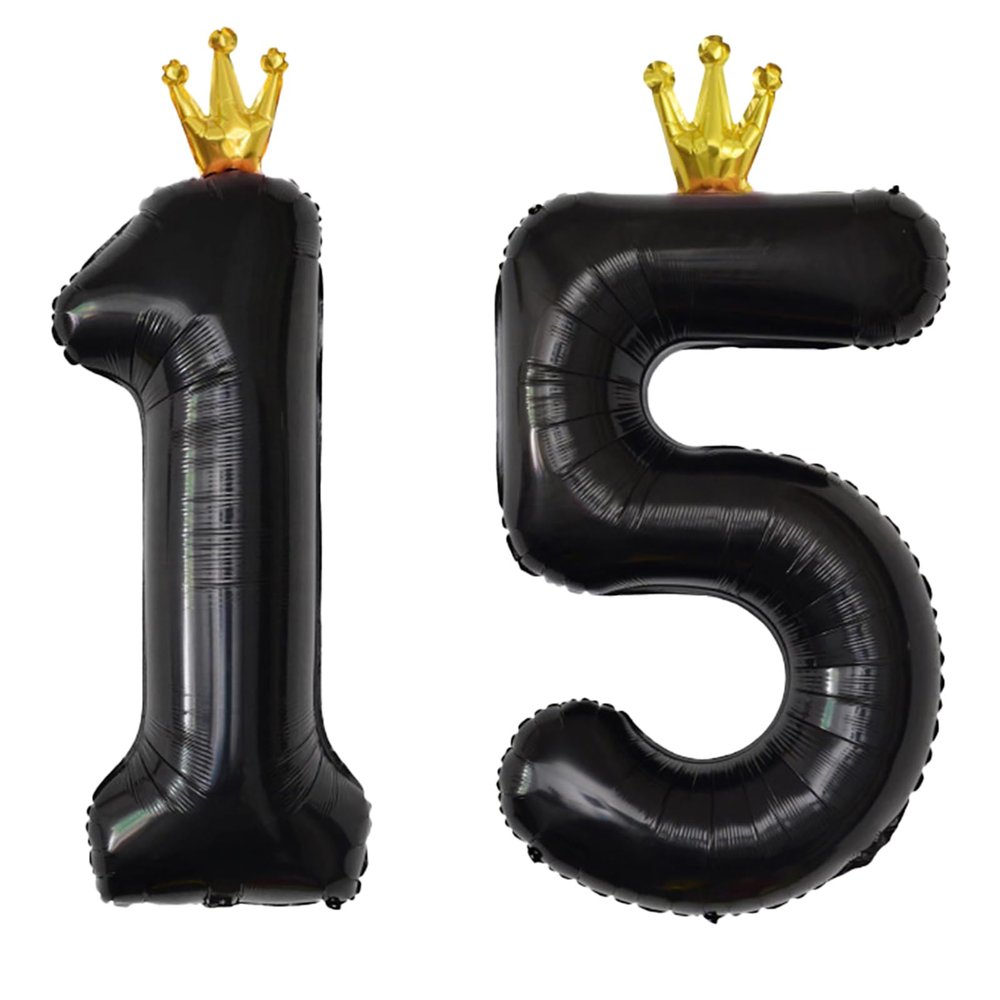 YFHVJTKO 40 Inch Number 15 Black Crown Balloon Set,15th Celebration Decorations for Happy 15th Birthday Party Wedding Bridal Shower Engagement Photo Shoot Anniversary Decoration, Black 15 Balloon