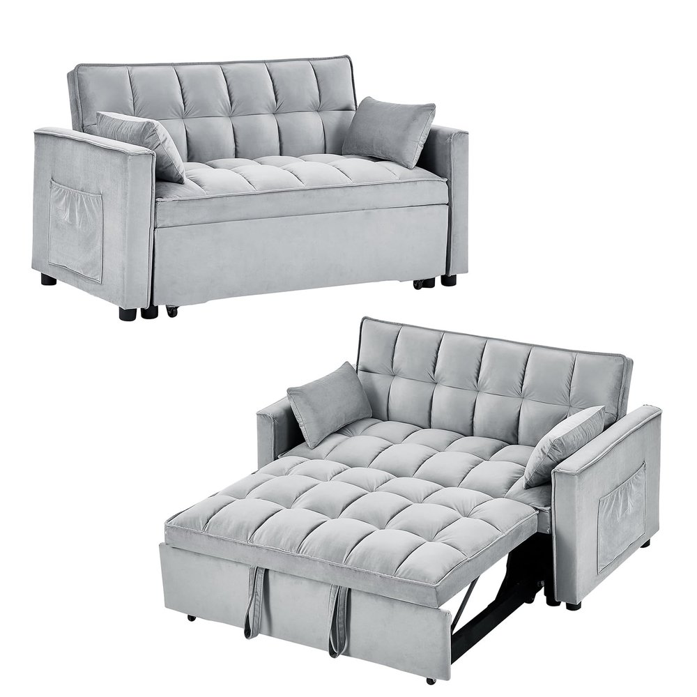 55" Loveseat Pull Out Couch, Modern Sleeper Sofa Couch w/Pull Out Bed Velvet Convertible Sleeper Sofa Bed, Tuft Futon Sofa Couch w/Pillows & Side Pockets Small Space, Living Room, Apartment