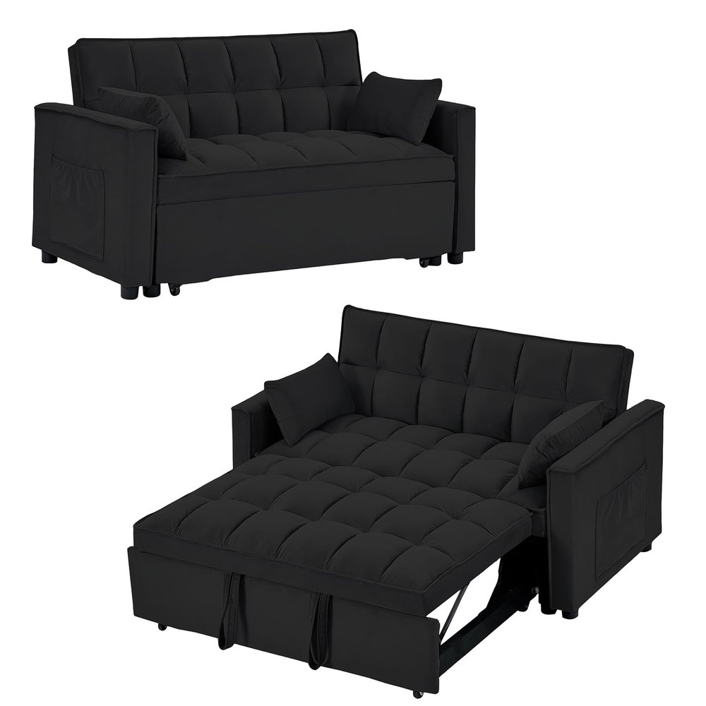 55" Loveseat Pull Out Couch, Modern Sleeper Sofa Couch w/Pull Out Bed Velvet Convertible Sleeper Sofa Bed, Tuft Futon Sofa Couch w/Pillows & Side Pockets Small Space, Living Room, Apartment