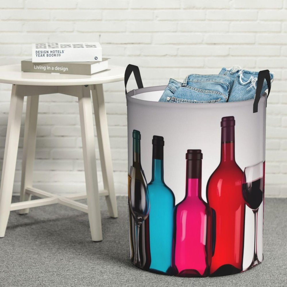 Round Laundry Basket with Handles Personalized Laundry Hamper for Bedroom Cocktail Glasses Circular Laundry Lightweight Waterproof Storage Basket Dirty Clothes Hamper for Bathroom Dorm